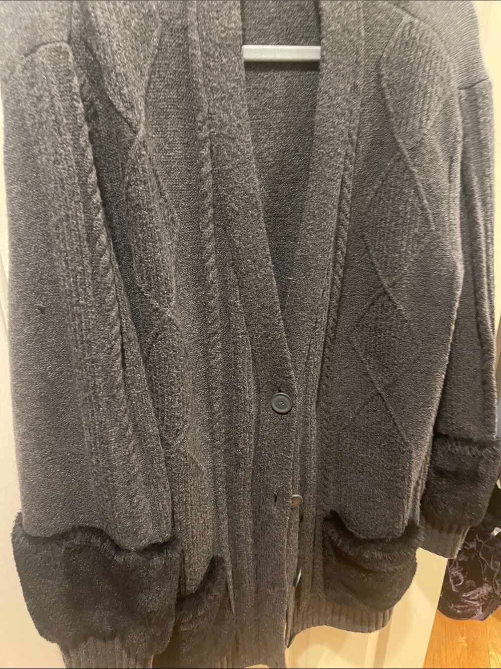 Cozy Womens Gray Button-Front Sweater Cardigan with fur cuffs